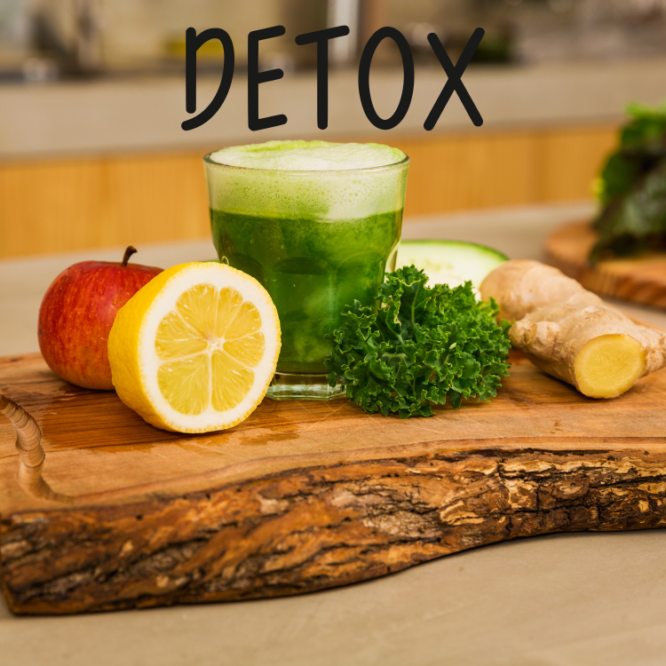 natural wooden board with detoxing fruits, vegs and green detox drink