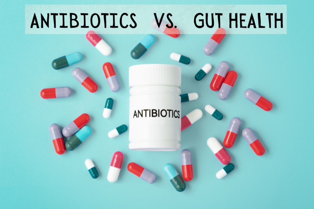 aqua background with colorful pills...antibiotics vs. gut health